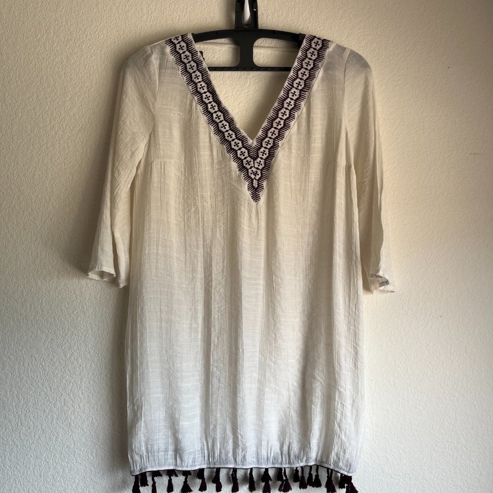 Kona Sol Off-White V-Neck Swim Coverup W Burgundy Trim